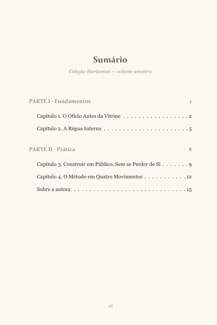 Sumário com partes em destaque e números de página