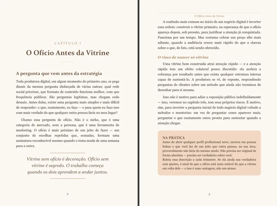 Página dupla com abertura de capítulo, citação em destaque e caixa especial 'Na prática'